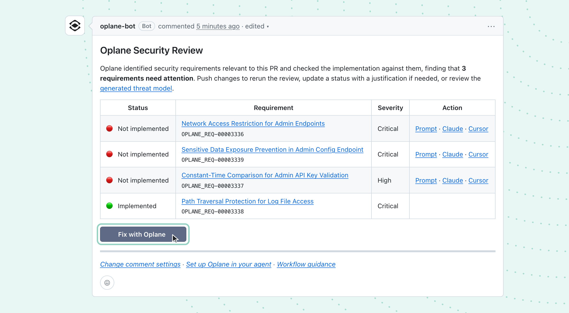 An Oplane Security Review comment on a pull request listing unmet security requirements, with the Fix with Oplane button highlighted.